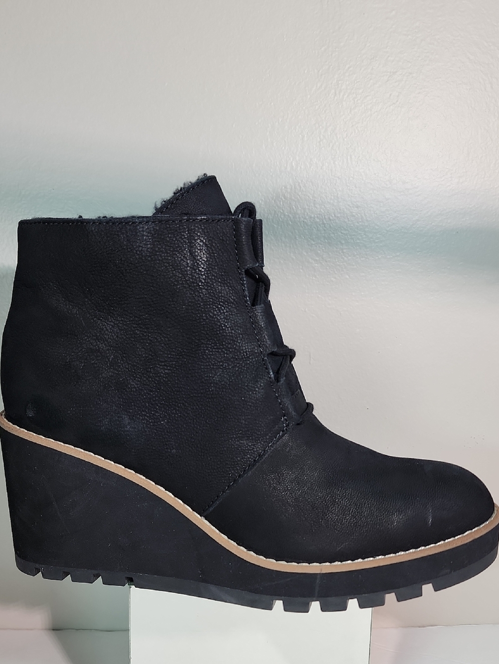 Eileen Fisher Black Lace-Up Wedge Ankle Boot with Contrast Trim